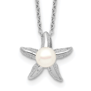 Sterling Silver Rho-plat 5-6mm White Button FWC Pearl Starfish Necklace