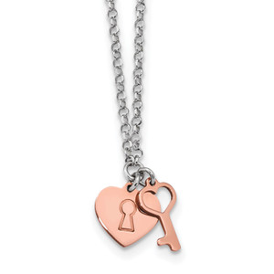 Sterling Silver Rhodium Rose-tone Heart & Key with 1.5in ext. Necklace