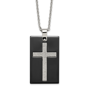 Stainless Steel Polished Black Ceramic with Cubic Zirconia Cross Dog Tag 24in Necklace