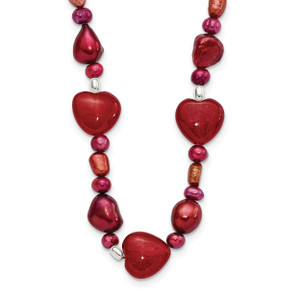Sterling Silver Red Jade Hearts/FW Cultured Pearl Necklace