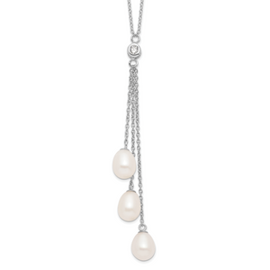 Sterling Silver Rhodium-plated 7-8mm White FWC Pearl Cubic Zirconia Drop Necklace