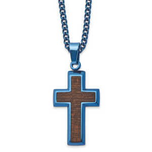 Stainless Steel Polished Blue IP-plated with Wood Inlay Cross 24in Necklace