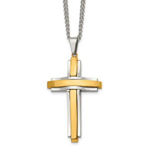 Chisel Stainless Steel Polished Yellow IP-plated Cross Pendant on a 24 inch Curb Chain Necklace