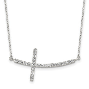 Sterling Silver Rhodium-plated Cubic Zirconia Sideways Cross with 2in Ext Necklace