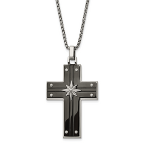 Chisel Stainless Steel Polished Black IP-plated Cross with Starburst Pendant on a 24 inch Box Chain Necklace