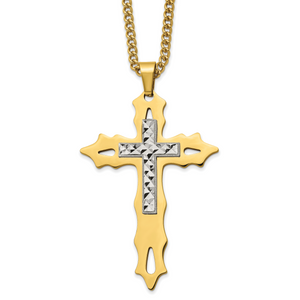 Chisel Stainless Steel Polished Yellow IP-plated Diamond Cut Cross Pendant on a 24 inch Curb Chain Necklace