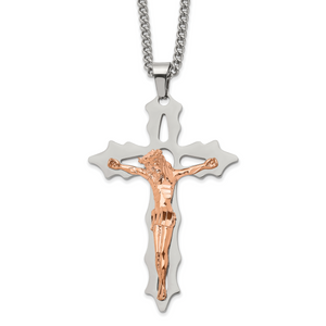Chisel Stainless Steel Polished Rose IP-plated Cutout Crucifix Pendant on a 24 inch Curb Chain Necklace