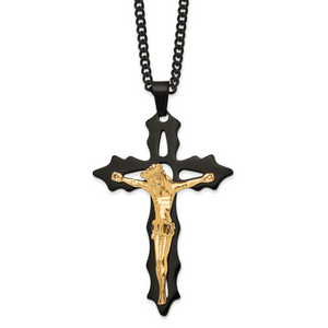 Chisel Stainless Steel Polished Black and Yellow IP-plated Cutout Crucifix Pendant on a 24 inch Curb Chain Necklace