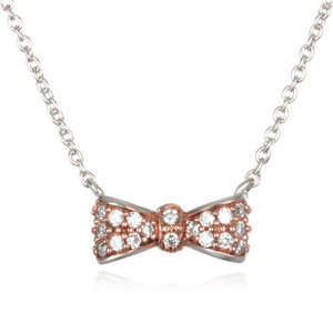 Sterling Silver Rose Gold Plate White Cubic Zirconia Bow Necklace