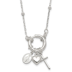 Sterling Silver Heart/Miraculous Medal/Cross Charm 18in Necklace