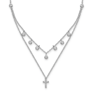 Sterling Silver Rhodium-plated Cubic Zirconia Cross with  2in ext. Necklace
