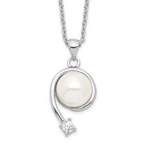 Sterling Silver Rhodium-plated 8-9mm White FWC Pearl Cubic Zirconia Pendant Necklace