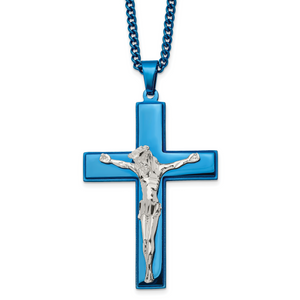 Chisel Stainless Steel Polished Blue IP-plated Crucifix Pendant on a 24 inch Curb Chain Necklace