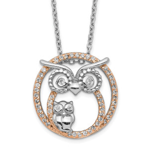 Cheryl M Sterling Silver Rhodium-plated and Rose Gold-plated Brilliant-cut Cubic Zirconia Owls Circle 18.25 Inch Necklace