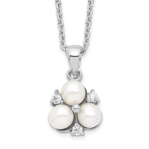 Sterling Silver Rhodium-plated 5-6mm White FW Cultured 3-Pearl Cubic Zirconia Necklace