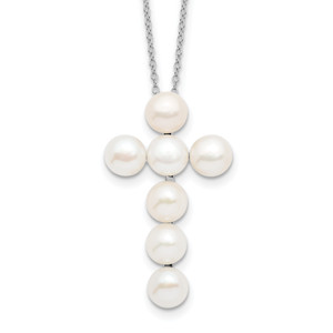 Sterling Silver Rhodium-plated 6-7mm White FWC Pearl Cross Necklace