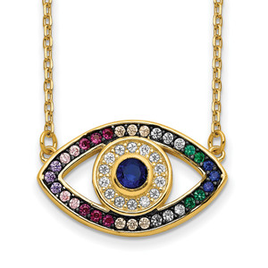 Prizma Sterling Silver Gold-tone 14K Flash Gold-plated 16 inch Colorful Cubic Zirconia Evil Eye Necklace with 2 inch Extender
