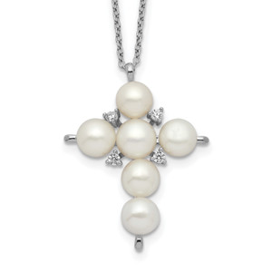 Sterling Silver Rhod-plated 6-7mm White Button FWC Pearl Cubic Zirconia Cross Necklace