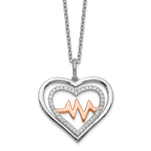 Sterling Silver RH-plated Rose-tone Cubic Zirconia Heartbeat with 2in ext Necklace