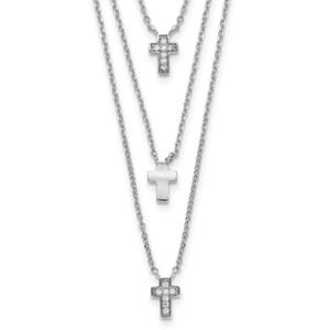Sterling Silver RH-plated Three Strand Cubic Zirconia Cross Necklace