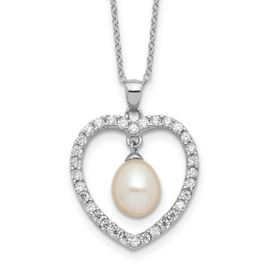 Sterling Silver RH-plated 8-8.5mm FWC Pearl and Cubic Zirconia Heart 17in Necklace