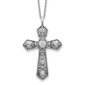 Sterling Silver Antiqued Cubic Zirconia Fancy Cross with 2in ext. Necklace