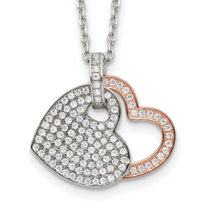 Sterling Silver and Rose-tone Cubic Zirconia Hearts with  2in ext. Necklace