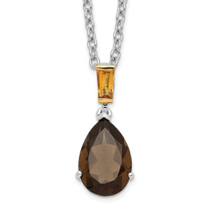 Brilliant Gemstones Sterling Silver with 14K Accent Rhodium-plated Smoky Quartz and Citrine Necklace