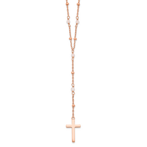 Sterling Silver Rose-tone Rose Quartz Beaded Cross with 2 in ext. Necklace