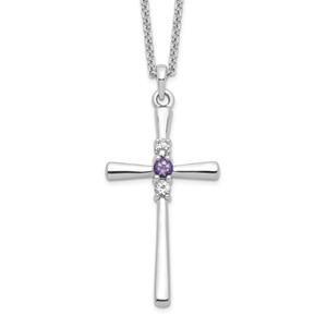 Survivor Collection Sterling Silver Rhodium-plated 16 Inch White and Purple Swarovski Topaz Faith Cross Necklace with 2 Inch Extender