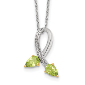 Brilliant Gemstones Sterling Silver with 14K Accent Rhodium-plated Peridot and Diamond 18 Inch Necklace with 2 Inch Extender