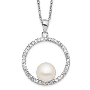 Sterling Silver Rhodium-plated 8-9mm White FWC Pearl and Cubic Zirconia Necklace