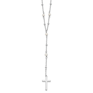 Sterling Silver Rhodium-plated Beaded FWC Pearl Cross with 2 in ext. Necklace
