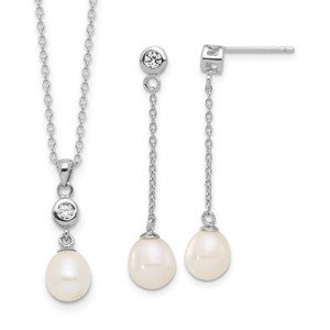 Sterling Silver RH-plated 7-8mm FWC Pearl/Cubic Zirconia 17in Necklace/Earrings Set