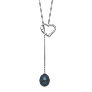 Sterling Silver Rhodium-plated 7-8mm Black FWC Pearl Drop Heart Necklace