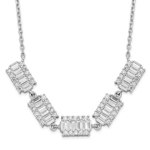Sterling Silver Rhodium-plated Baguette Cubic Zirconia Bars with  1in ext. Necklace