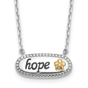 Sterling Silver with 14k accent Rh-plated Cubic Zirconia  Enamel HOPE with 2in ext Necklace