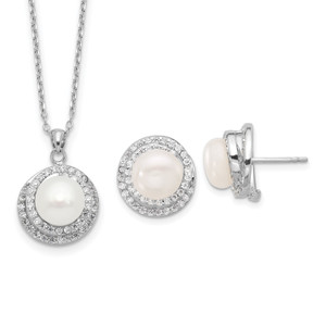 Sterling Silver RH-plated FWC Pearl/Cubic Zirconia 17in Necklace and Post Earrings Set