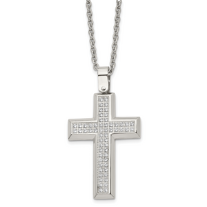 Chisel Stainless Steel Polished Cubic Zirconia Cross Pendant on a 24 inch Cable Chain Necklace