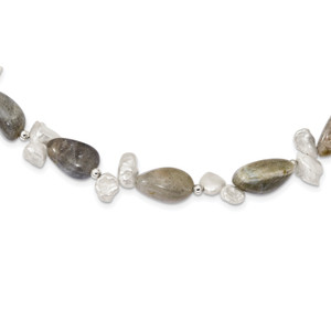Sterling Silver Labradorite & FWC Keshi Pearl with 2in Ext. Fancy Necklace