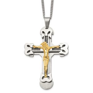 Chisel Stainless Steel Brushed and Polished Yellow IP-plated with Cable Crucifix Pendant on a 24 inch Curb Chain Necklace