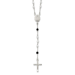 Sterling Silver Polished and Black Crystal Bead Rosary 23.5 inch Necklace