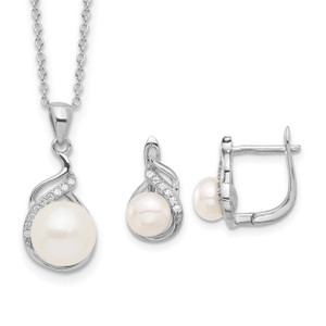 Sterling Silver RH-plated 6-9mm FWC Pearl/Cubic Zirconia 17in Necklace/Earrings Set