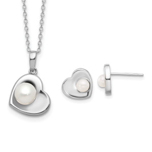 Sterling Silver RH-plated 4-7mm FWC Pearl 17.5in Heart Neck/Earring Set