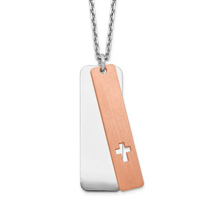 Sterling Silver RH-plated Dogtag with Rose-tone Cross with 1.25in ext Necklace