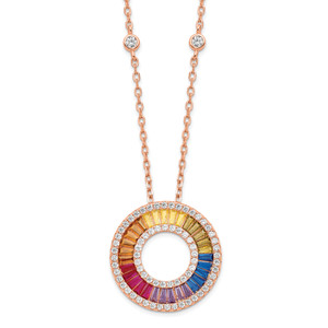 Prizma Sterling Silver Rose-tone 14K Flash Rose Gold-plated 16 inch Colorful Baguettes Cubic Zirconia Circle Necklace with 2 inch Extender