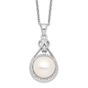 Sterling Silver Rhodium-plated 10-11mm White FWC Pearl Cubic Zirconia Necklace
