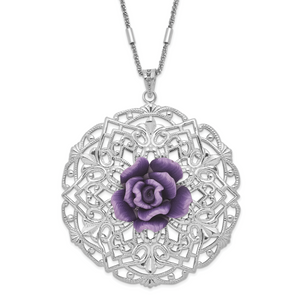 Sterling Silver Rhodium-plated Polished & Textured Purple Resin Rose Circle Necklace