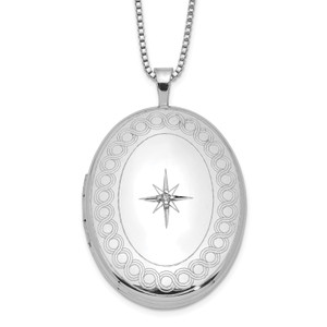 Sterling Silver Rhod-plated 26mm Circle Border Diamond Oval Locket Necklace