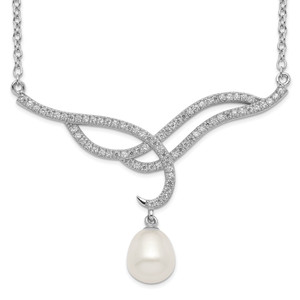 Sterling Silver Rhodium-plated 8-9mm White FWC Pearl Drop Cubic Zirconia Necklace